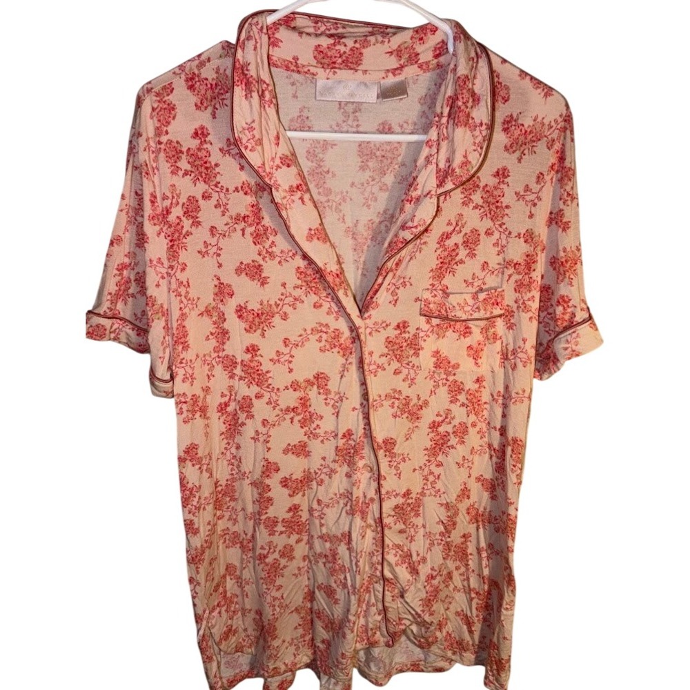 Rachel Parcell Womens Pink Red Floral Short Sleeve Button Up Pajama Top Size L